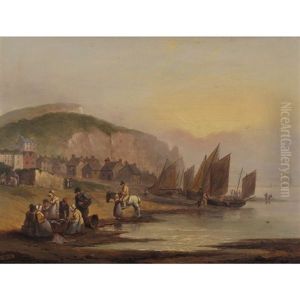 Fisherfolk And Boats On The Shore By A Seaside Town Possibly Seahouses Northumberland