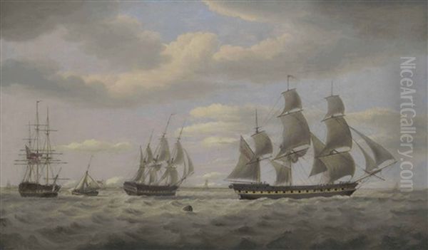 A Frigate In Three Positions At The Mouth Of The Thames Estuary, With A Naval Cutter And Other Coastal Craft Beyond - view 1