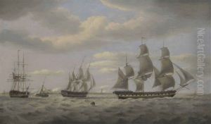 A Frigate In Three Positions At The Mouth Of The Thames Estuary, With A Naval Cutter And Other Coastal Craft Beyond by Thomas Luny