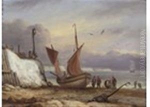 A Beached Fishing Boat By A Cliff With Fishermen And Women by Thomas Luny