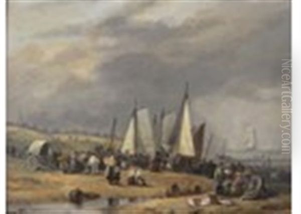Coastal Scene At Low Tide With Numerous Fishermen On A Beach - view 1