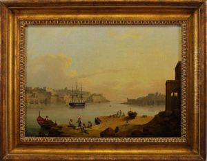Harbor Scene With Figures In The Foreground by Thomas Luny