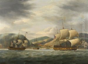An East Indiamen Lying At Anchor Off The Island Of St. Helena With Other East Indiamen Getting Underway An East Indiamen Lying At Anchor Off The Island Of St. Helena With Other East Indiamen Getting Underway