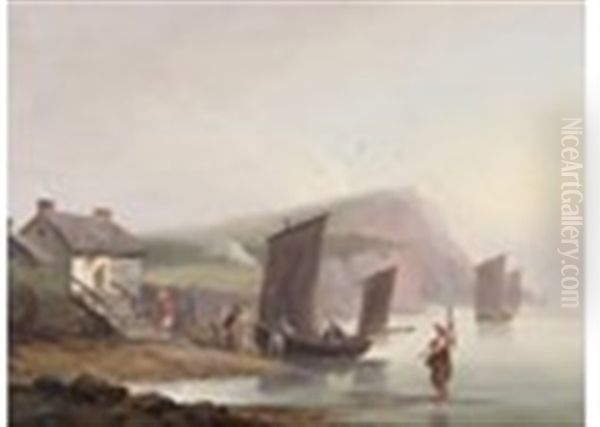 Fishing Boats And Figures By A Cottage On The Coast - view 1