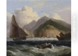 Fishing Boats And Figures In A Rowing Boat In Choppy Seas By A Rocky Coast by Thomas Luny