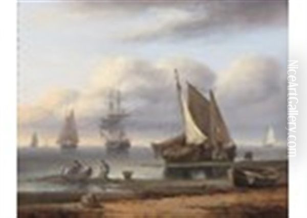 Beached Fishing Boats With Fishermen Hauling Nets, Sailing Ships At Anchor Beyond - view 1