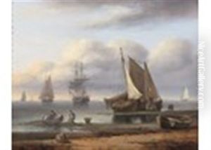 Beached Fishing Boats With Fishermen Hauling Nets, Sailing Ships At Anchor Beyond by Thomas Luny