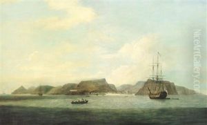 An English Frigate At Anchor Off The Island Of St. Helena, With A View Of Jamestown Beyond An English Frigate At Anchor Off The Island Of St. Helena, With A View Of Jamestown Beyond