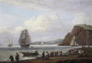 Shipping In Harbour At Sunset And Along The Coast With Fisherfolk Hauling Nets