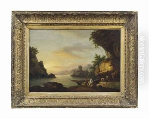 A River Landscape With Figures Conversing By A Beached Boat