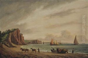 Fisherfolk Unloading The Catch At Low Tide, Shaldon Ness, Devon by Thomas Luny
