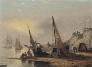 Fishermen Sitting By Their Boat, Low-tide, Devon by Thomas Luny
