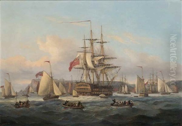 H.m.s. Bellerophon Lying At Anchor Off Torbay With The Defeated Emperor Napoleon Onboard, 24th July 1815, Surrounded By Spectator Craft - view 1