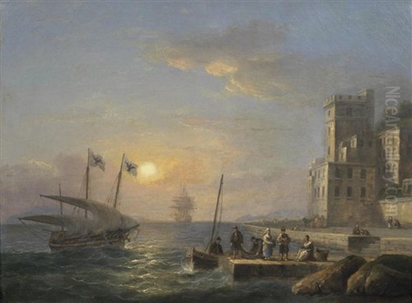 A Mediterranean Xebec Flying Messina Flags And Shortening Sail As She Approaches The Quayside At Her Home Port, With A View Of The Straits Of Messina Beyond - view 1