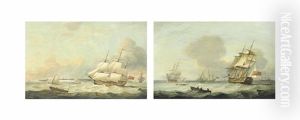 An East Indiaman And Other Shipping In The Downs Off The North Foreland (+ Warships Lying At Anchor With One Getting Underway And Another Coming In To The Anchorage (both Illustrated); Pair) by Thomas Luny