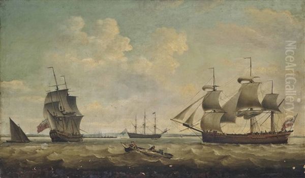 A Merchantman, In Two Positions, Off Harwich With A Large Royal Navy Warship Lying At Anchor Inshore - view 1