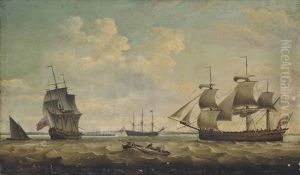 A Merchantman, In Two Positions, Off Harwich With A Large Royal Navy Warship Lying At Anchor Inshore A Merchantman, In Two Positions, Off Harwich With A Large Royal Navy Warship Lying At Anchor Inshore