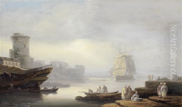 Ships At Anchor In A Mediterranean Port With Merchants On The Quay In The Foreground - view 1