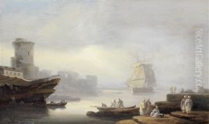 Ships At Anchor In A Mediterranean Port With Merchants On The Quay In The Foreground thumbnail
