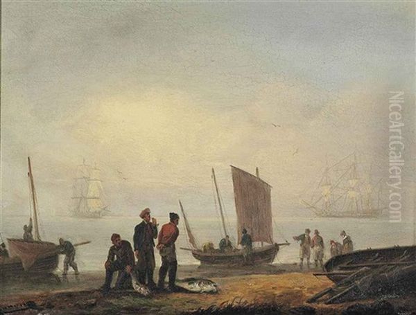 Fishermen Unloading Their Catch On A Shore, Men-of-war Beyond - view 1
