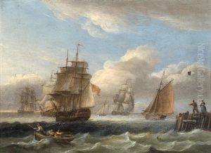 Royal Naval Warship And Other Shipping Off The Coast In Rough Seas (+ A Warship In A Calm; Pair)
