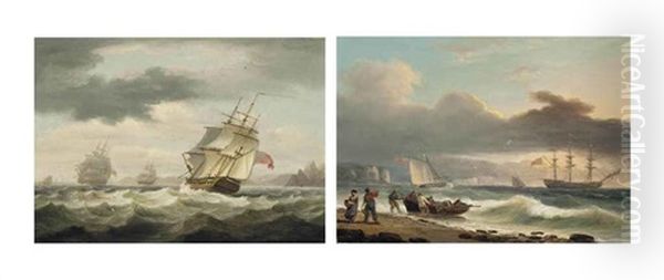 British Warships Off The Entrance To Salcombe Harbour And A British Warship Lying At Anchor In A Stiff Onshore Breeze With Figures...(a Pair) - view 1