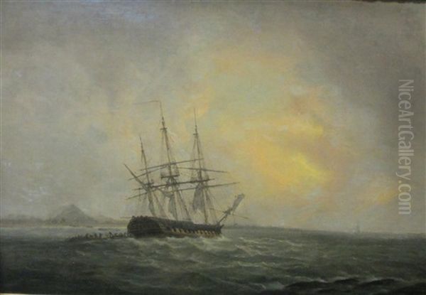 A Frigate Off A Coast With Figures Alighting Into Boats - view 1