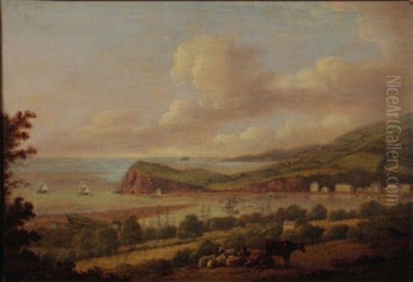 View To Shaldon From Above Teignmouth, Cattle And Sheep In The Foreground, Shipping In The Harbour Beyond - view 1