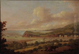View To Shaldon From Above Teignmouth, Cattle And Sheep In The Foreground, Shipping In The Harbour Beyond