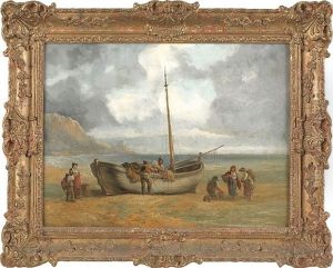 Harbor Scene With A Beached Sailboat