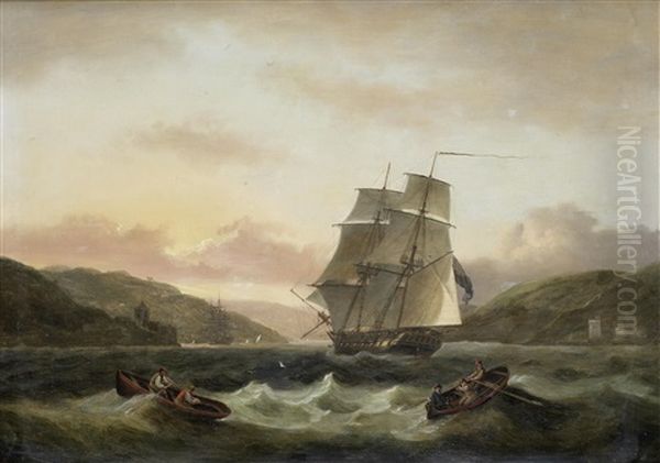 A Frigate Of The Royal Navy Running Into The Dart On The Full Tide, With Dartmouth Castle And St. Petrox Church To Port And Kingswear Castle To Starboard - view 1
