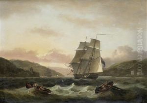 A Frigate Of The Royal Navy Running Into The Dart On The Full Tide, With Dartmouth Castle And St. Petrox Church To Port And Kingswear Castle To Starboard