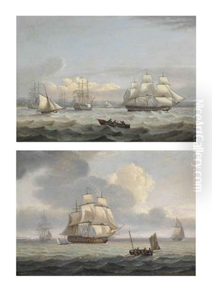 A Squadron Of The Blue Lying Off Portsmouth With A Flagship Signalling... (+ A Royal Navy Two-decker Underway In The Channel Off The Downs...; Pair) - view 1