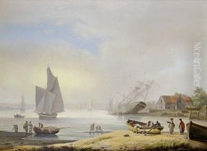 Careening A Two-master On The Foreshore Of The River Exe Above Exemouth, With A Shipyard Beyond by Thomas Luny