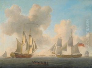 Sailors In A Rowing Boat Approaching A Sailing Ship, Others Beyond by Thomas Luny