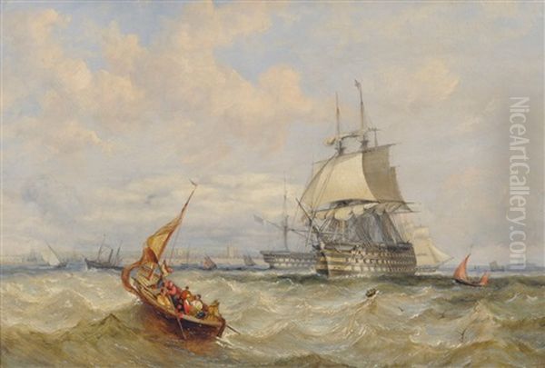 Sailors In A Row Boat Approaching A Sailing Ship, Others Beyond - view 1