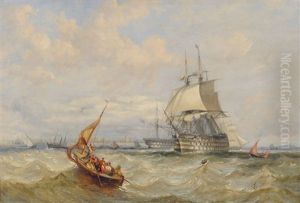 Sailors In A Row Boat Approaching A Sailing Ship, Others Beyond by Thomas Luny