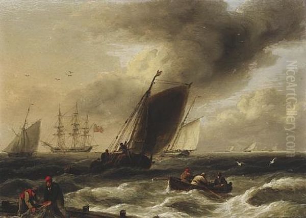 Small Craft Heading Inshore Ahead Of A Squall, With A Frigate Anchoring For Shelter Beyond - view 1