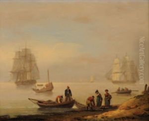 Fisherfolk On A Shore, Three Masted Men-o-war Offshore, Other Shipping Beyond by Thomas Luny