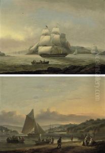 A Royal Navy Frigate In Plymouth Sound Off The Hamoaze (+ Small Craft On The River At Teignmouth, Devon; Pair) by Thomas Luny