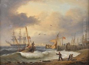 Landing Passengers Ashore On A Blustery Day, With A Frigate At Anchor Beyond