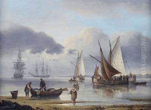 Barges Moored Inshore In A Calm, With Two Naval Frigates Standing Out To Sea by Thomas Luny