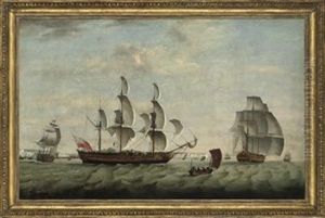 A Three-master In Three Positions In The Channel Off Dover, Calling For A Pilot by Thomas Luny