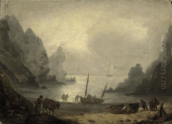 A Rocky Coastal Inlet With Fishermen And Their Boats On The Beach - view 1