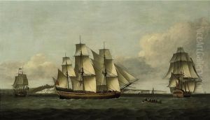 The British Merchantman "tyson" In Three Positions Off Dover, In-bound For London And Requesting A Pilot by Thomas Luny