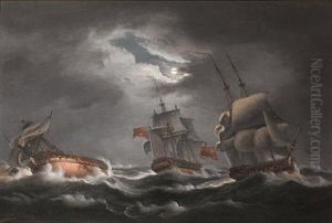 An Anglo-french Naval Engagement During The French Revolutionary (+ Napoleonic Wars; Pair) by Thomas Luny