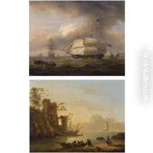 A 26-gun Frigate Of The Royal Navy Off A Headland (+ Fishermen In An Estuary; Pair) A 26-gun Frigate Of The Royal Navy Off A Headland (+ Fishermen In An Estuary; Pair)