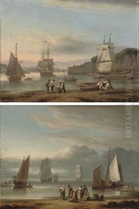 Teignmouth Harbour At Low Tide (+ Sorting The Catch On The Foreshore; Pair) by Thomas Luny