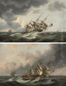 A Frigate Reefed Down And Riding Out The Gale (+ A Merchantman In Close Quarters In The Channel; Pair) by Thomas Luny