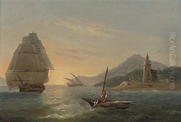 Fishermen Casting Their Nets Off A Lighthouse In The Strait Of Messina, With Mt. Etna Beyond - view 1